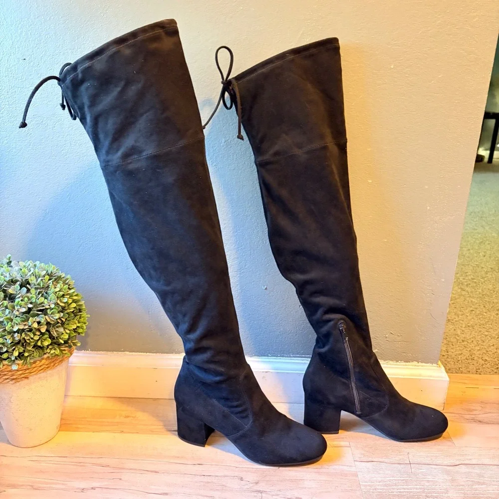 Unisa Size 10 Women Over The Knee Boots Black Suede Block Heels Zipper